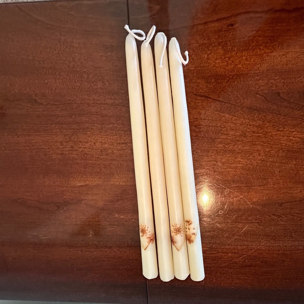 Vintage Pressed Dried Flower Taper Candles Cream Wax Set of 4 12 Inch Floral